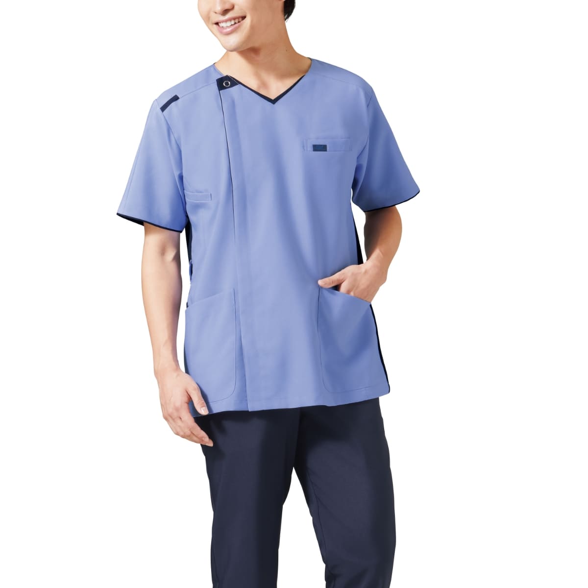 メンズニットスクラブ | 医療介護ユニフォーム | 1枚 | 7051SC | ターコイズ×ダークネイビー