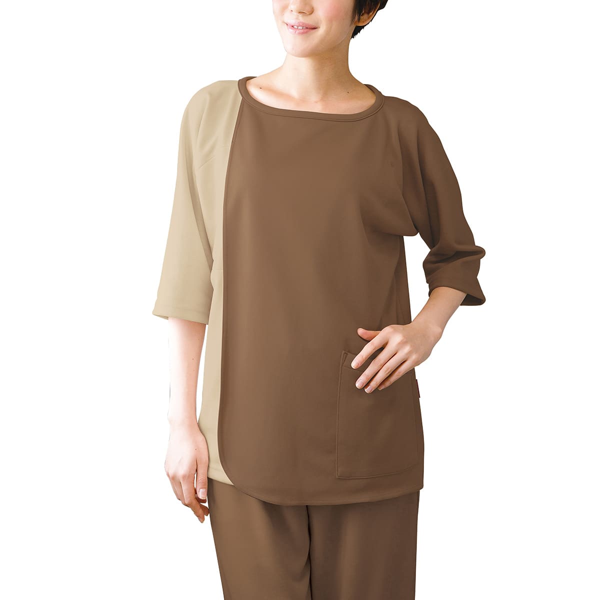 検診衣（プルオーバー型前開きタイプ） | ユニフォーム | 1枚 | 7035SK | モカ×ベージュ