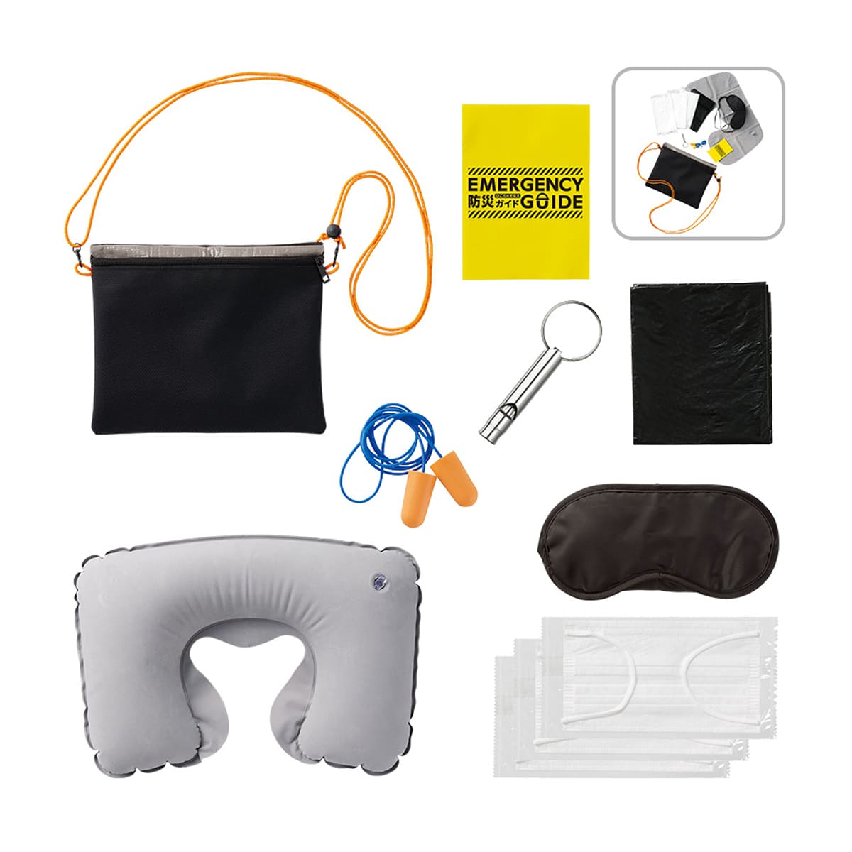 防災緊急10点セット シートインサコッシュタイプ | ノベルティ(小物) | 1枚 | TB-0005 | ブラック