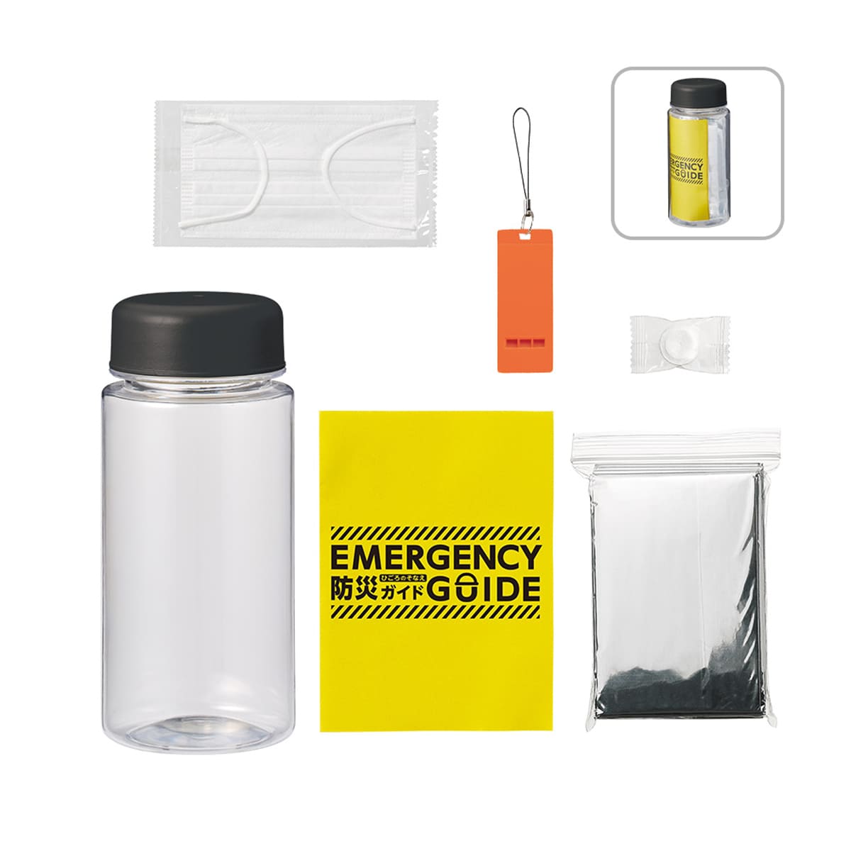 防災緊急6点セット コンパクトボトルタイプ | ノベルティ(小物) | 1枚 | TB-0006 | ブラック