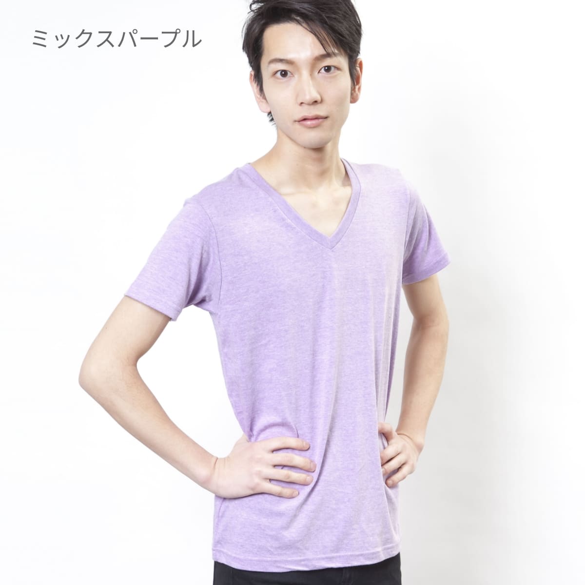 【新品未使用】薄紫 ストライプ Vネック Tシャツ ミックスVネックTシャツ[CROSS CR1106]｜オリジナルTシャツ作製なら