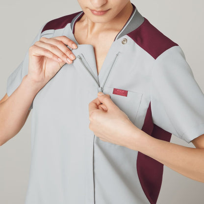 レディスジップスクラブ | 医療介護ユニフォーム | 1枚 | 7043SC | グレー×バーガンディ