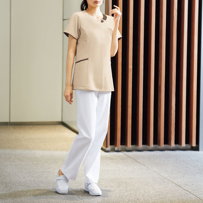 レディスジップスクラブ | 医療介護ユニフォーム | 1枚 | 7069SC | エクルベージュ×ブラウン