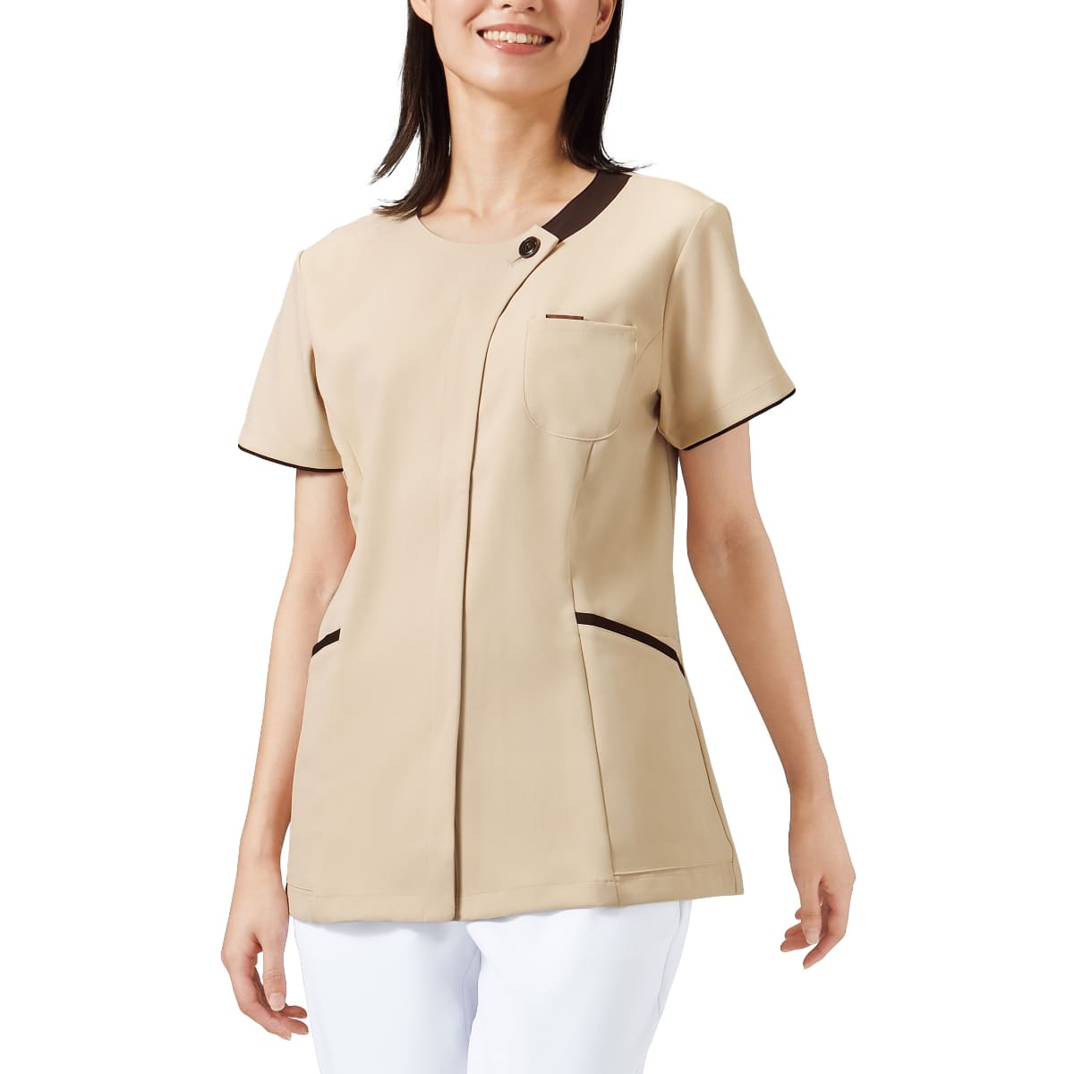 レディスジップスクラブ | 医療介護ユニフォーム | 1枚 | 7069SC | エクルベージュ×ブラウン