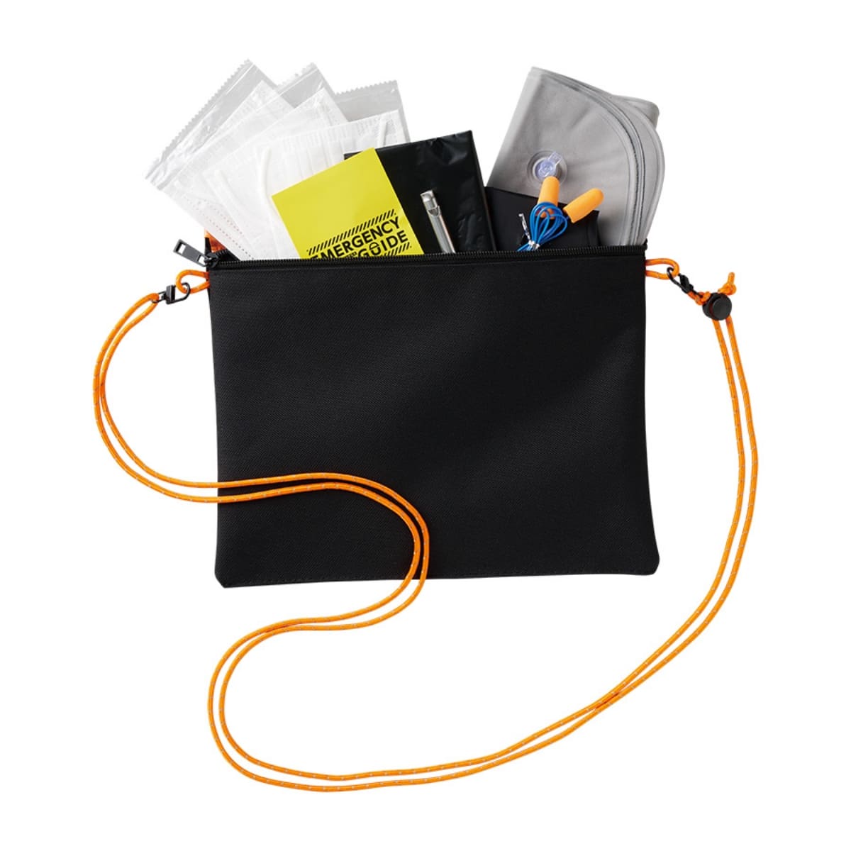 防災緊急10点セット シートインサコッシュタイプ | ノベルティ(小物) | 1枚 | TB-0005 | ブラック