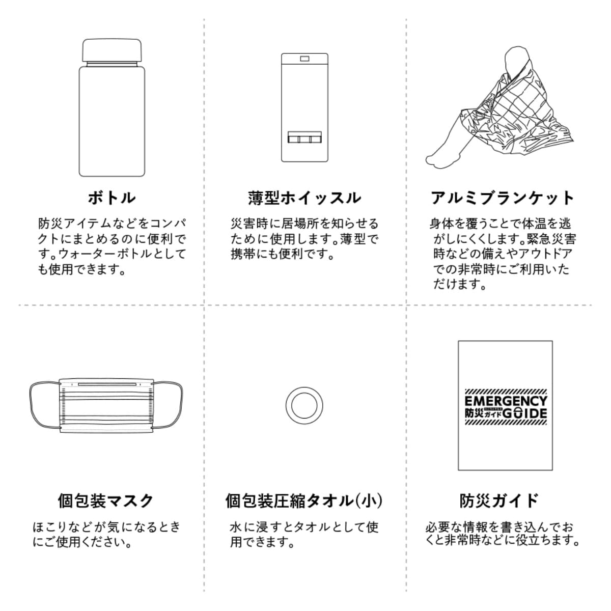 防災緊急6点セット コンパクトボトルタイプ | ノベルティ(小物) | 1枚 | TB-0006 | ブラック