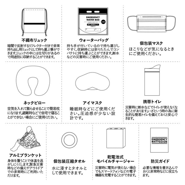 防災緊急10点セット リュックタイプ ブラック | ノベルティ(小物) | 1枚 | TS-1805 | ブラック