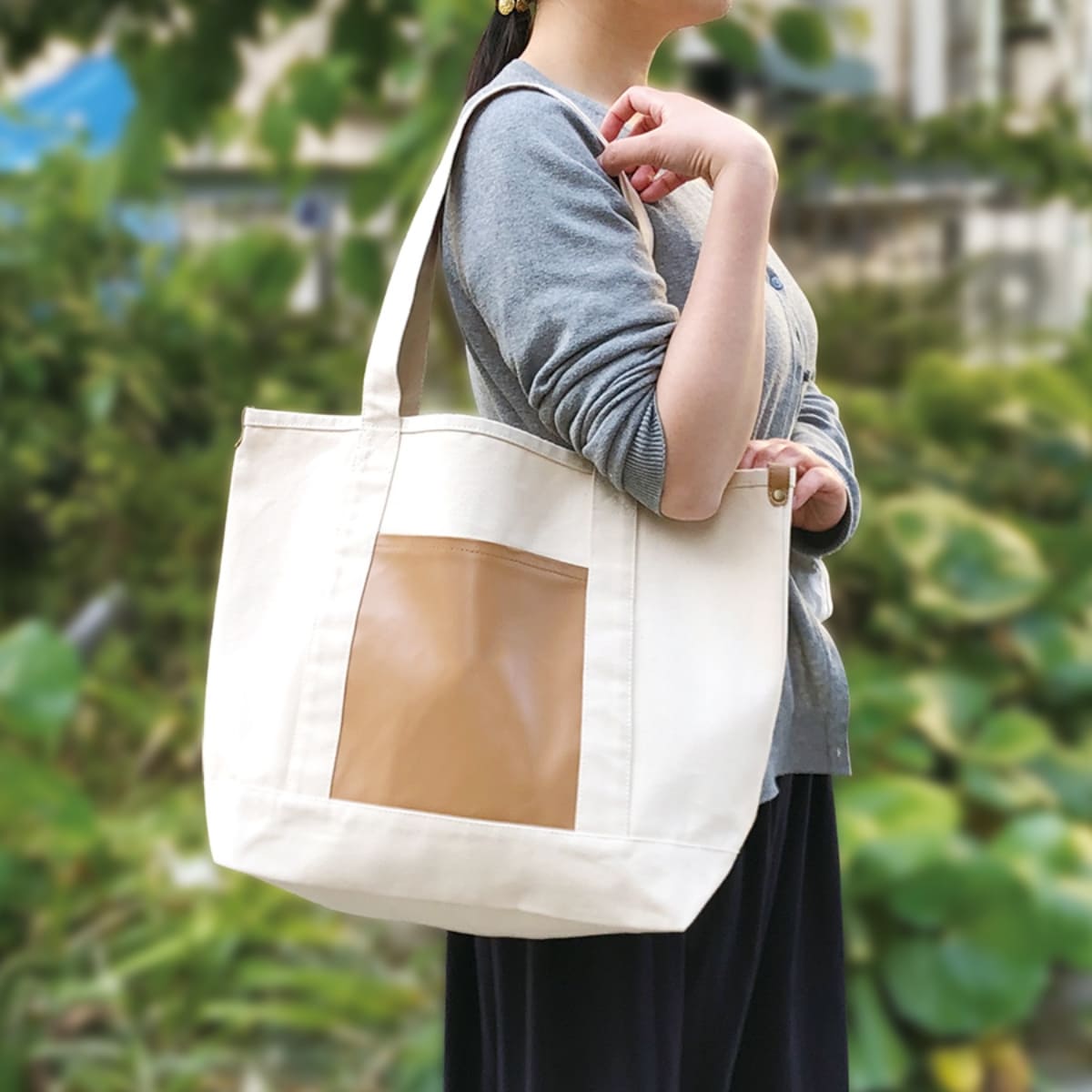 厚手キャンバス レザーポケットトート | ノベルティ(小物) | 1枚 | TR-1149 | ナチュラル