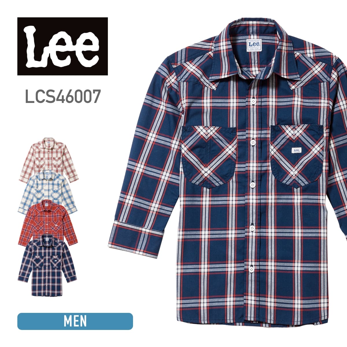 メンズウエスタンチェック七分袖シャツ | カフェ・飲食店制服 | 1枚 | LCS46007 | ネイビー×ホワイト